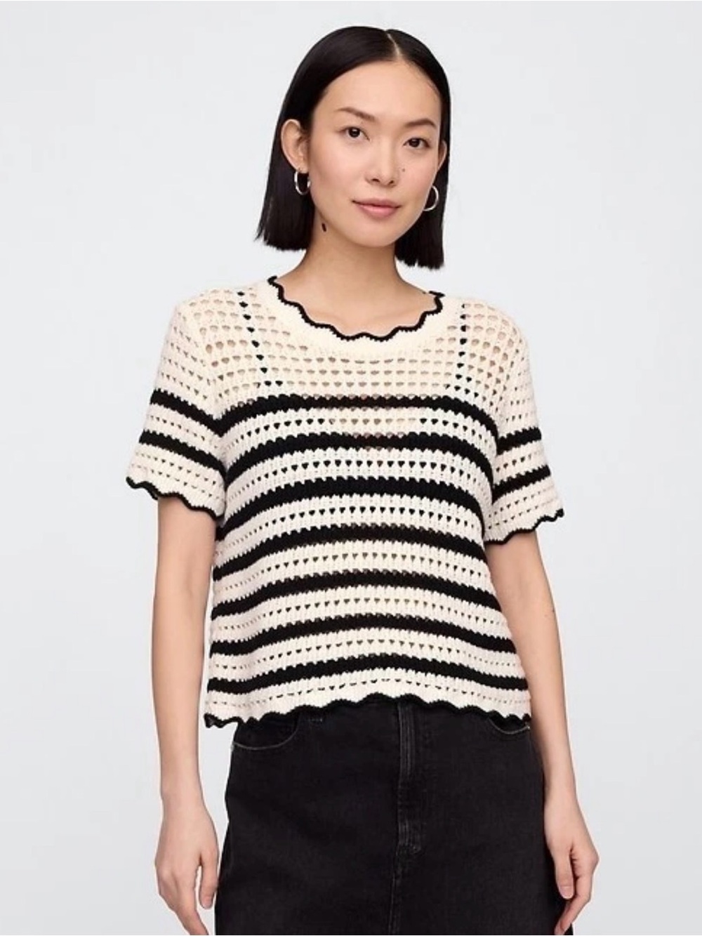 GAP Crochet Short-Sleeve Striped Top — Cream & Black